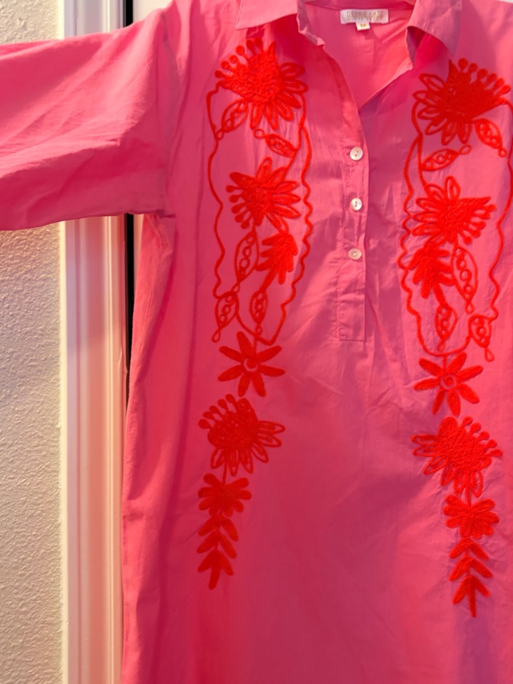 Bright Pink Embroidered Shirt Dress Or Swim Cover Up - Picture 7 of 10